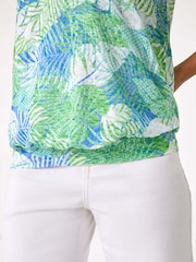 Roman Green Leaf Print V-Neck Burnout Blouse - Image 5 of 5