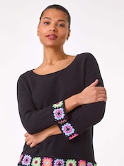 Roman Black Floral Crochet Hem 100% Cotton Jumper - Image 1 of 5