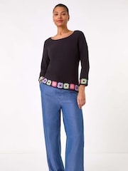 Roman Black Floral Crochet Hem 100% Cotton Jumper - Image 2 of 5