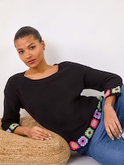 Roman Black Floral Crochet Hem 100% Cotton Jumper - Image 4 of 5