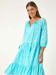 Roman Blue Broderie Tiered Smock 100% Cotton Dress - Image 2 of 5