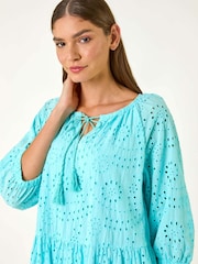 Roman Blue Broderie Tiered Smock 100% Cotton Dress - Image 4 of 5