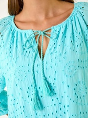Roman Blue Broderie Tiered Smock 100% Cotton Dress - Image 5 of 5