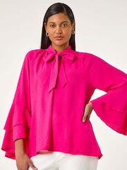 Roman Pink Frilled Sleeve Tie Front Top - Image 1 of 5