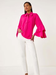 Roman Pink Frilled Sleeve Tie Front Top - Image 2 of 5