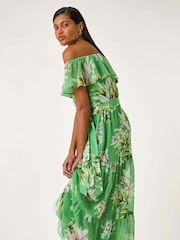 Roman Green Floral Bardot Belted Maxi Dress - Image 1 of 5