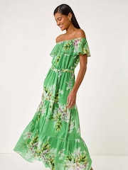 Roman Green Floral Bardot Belted Maxi Dress - Image 2 of 5