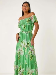 Roman Green Floral Bardot Belted Maxi Dress - Image 4 of 5