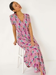 Roman Pink lkat Print Button Through Maxi Dress - Image 1 of 5