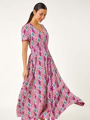 Roman Pink lkat Print Button Through Maxi Dress - Image 2 of 5