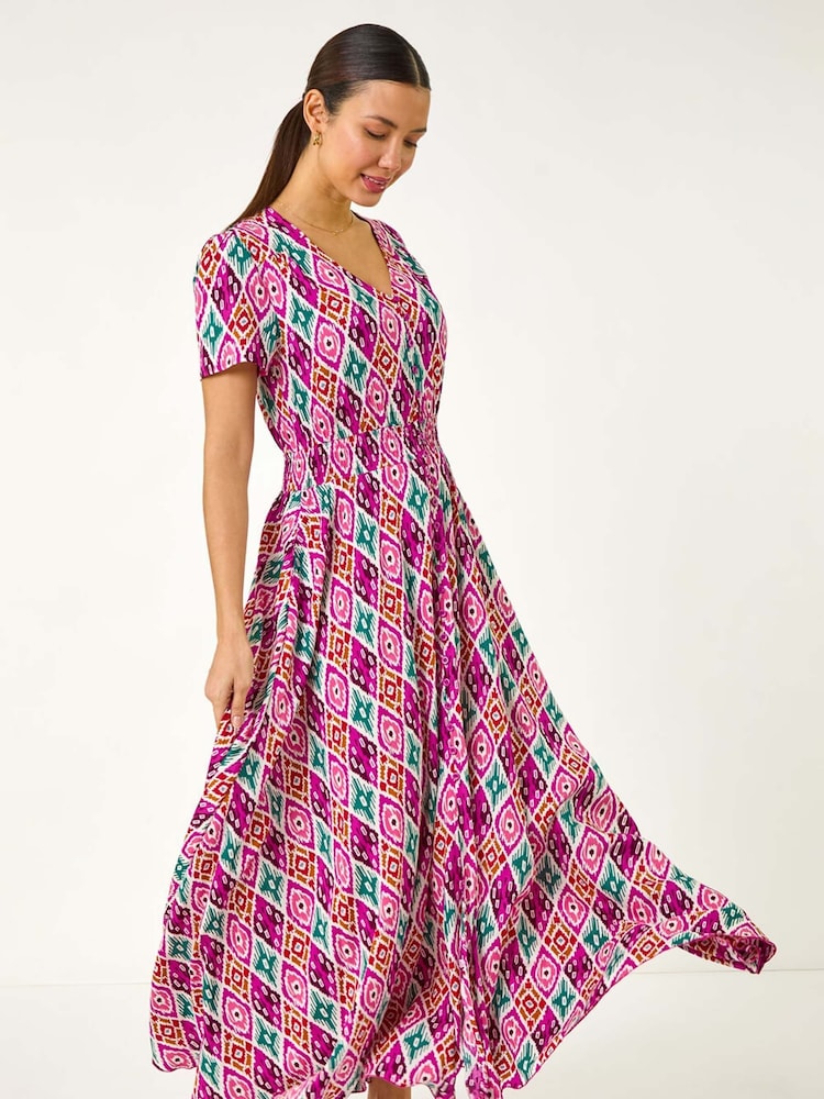 Roman Pink lkat Print Button Through Maxi Dress - Image 2 of 5