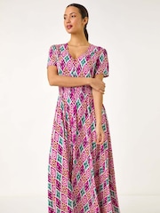 Roman Pink lkat Print Button Through Maxi Dress - Image 4 of 5