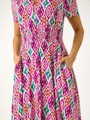 Roman Pink lkat Print Button Through Maxi Dress - Image 5 of 5