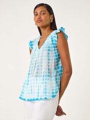 Roman Blue Pleated Tie Dye Frill Top - Image 4 of 5