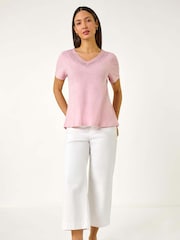 Roman Pink Sequin Trim V-Neck Stretch 100% Cotton Top - Image 1 of 5