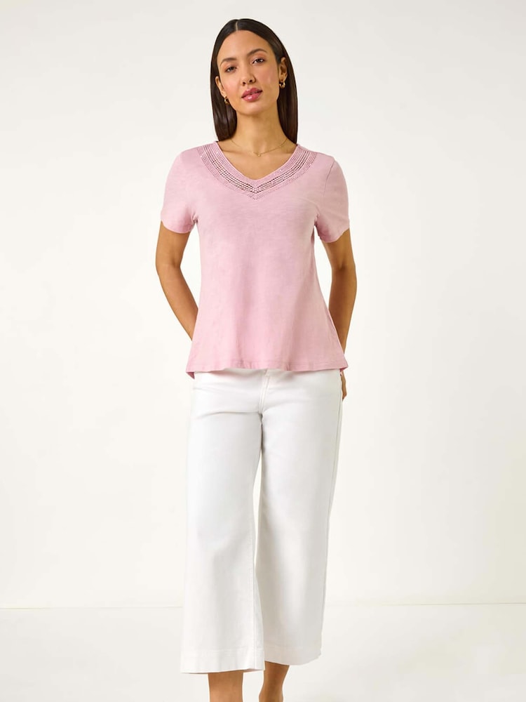 Roman Pink Sequin Trim V-Neck Stretch 100% Cotton Top - Image 1 of 5