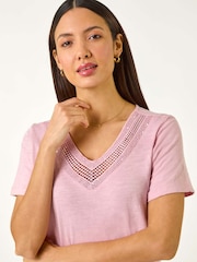 Roman Pink Sequin Trim V-Neck Stretch 100% Cotton Top - Image 2 of 5