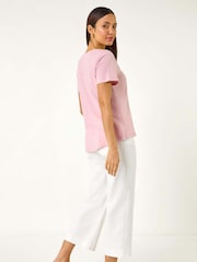 Roman Pink Sequin Trim V-Neck Stretch 100% Cotton Top - Image 3 of 5