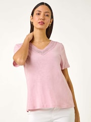 Roman Pink Sequin Trim V-Neck Stretch 100% Cotton Top - Image 4 of 5