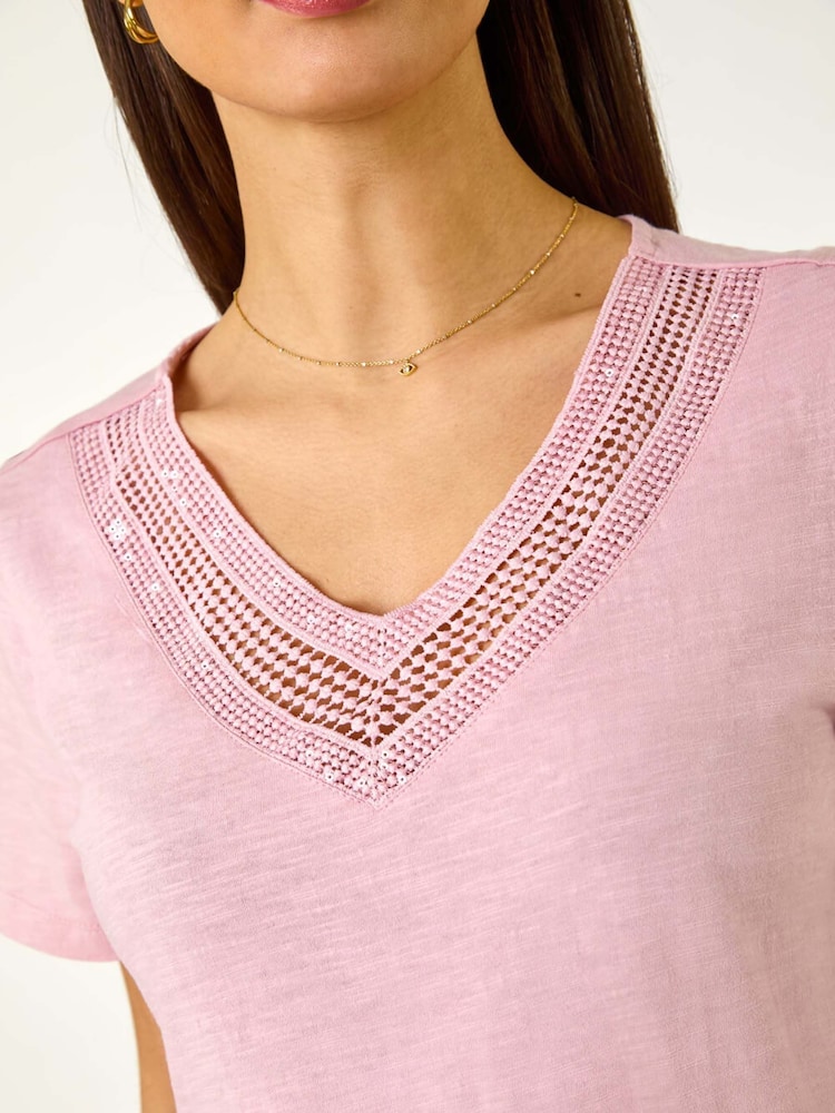 Roman Pink Sequin Trim V-Neck Stretch 100% Cotton Top - Image 5 of 5