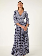 Roman Blue Floral Border Print Maxi Dress - Image 1 of 5