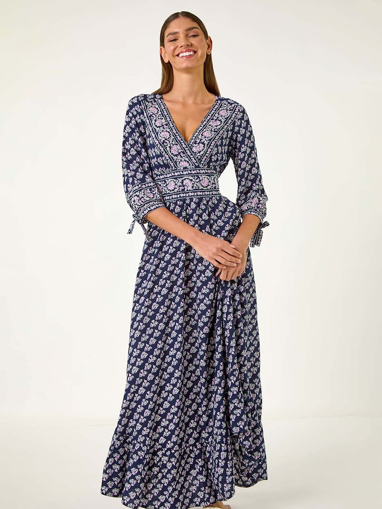Roman Blue Floral Border Print Maxi Dress - Image 1 of 5