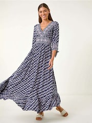 Roman Blue Floral Border Print Maxi Dress - Image 2 of 5