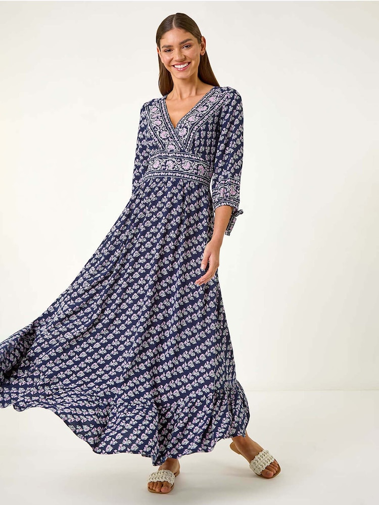 Roman Blue Floral Border Print Maxi Dress - Image 2 of 5