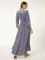 Roman Blue Floral Border Print Maxi Dress - Image 3 of 5