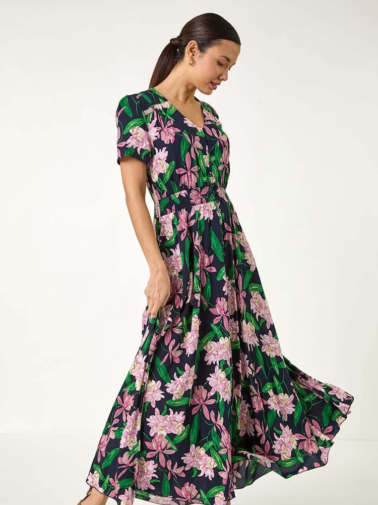 Roman Pink Floral Shirred Maxi Dress - Image 2 of 5