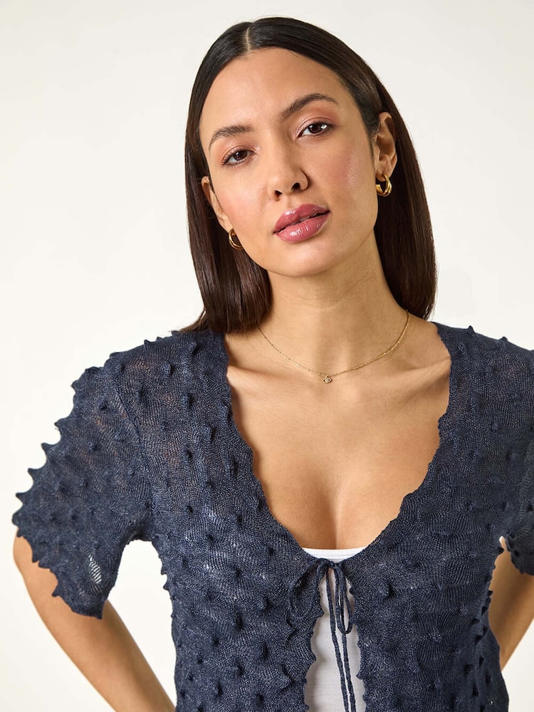 Roman Blue Textured Tie Front Shrug - Image 1 of 5