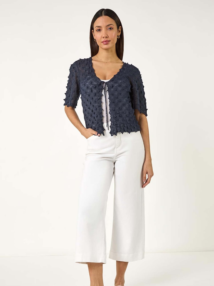 Roman Blue Textured Tie Front Shrug - Image 2 of 5