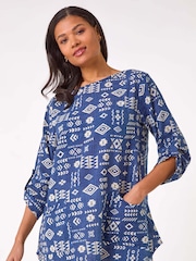 Roman Blue Longline Print Tunic 100% Cotton Top - Image 1 of 5