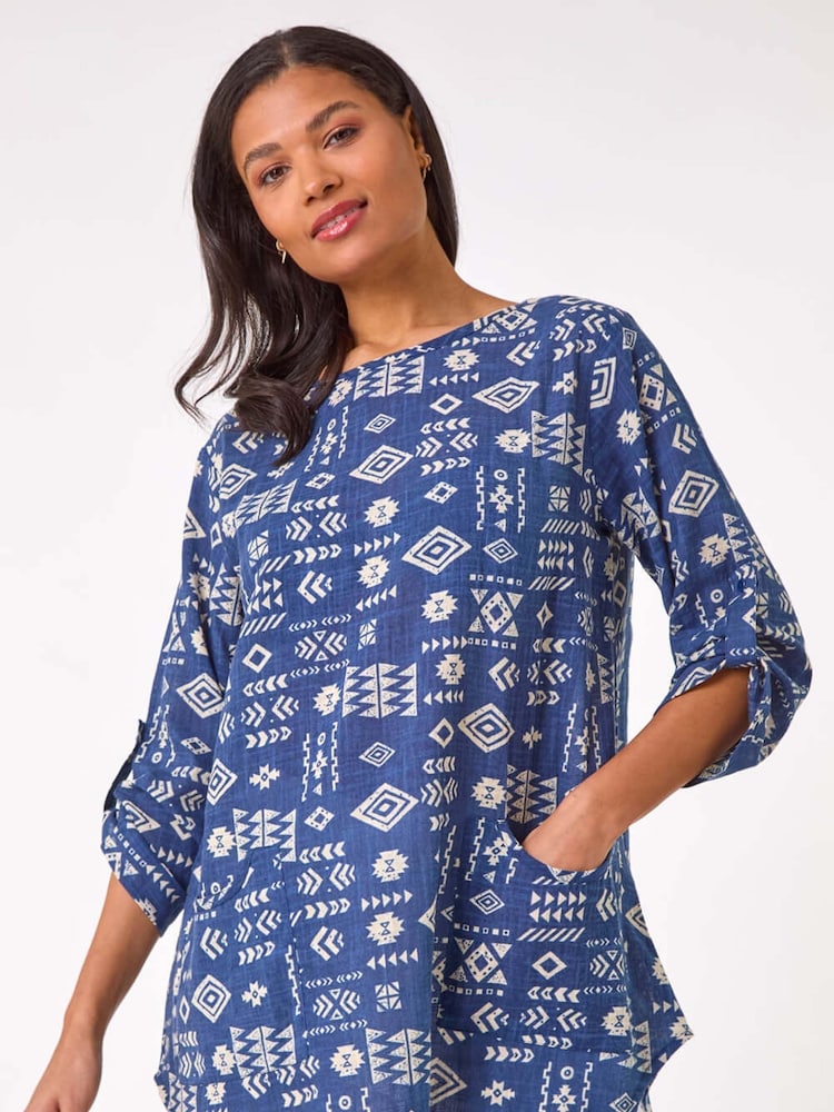 Roman Blue Longline Print Tunic 100% Cotton Top - Image 1 of 5
