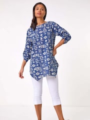 Roman Blue Longline Print Tunic 100% Cotton Top - Image 2 of 5