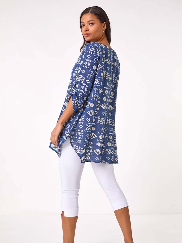 Roman Blue Longline Print Tunic 100% Cotton Top - Image 3 of 5