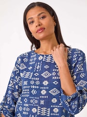 Roman Blue Longline Print Tunic 100% Cotton Top - Image 4 of 5