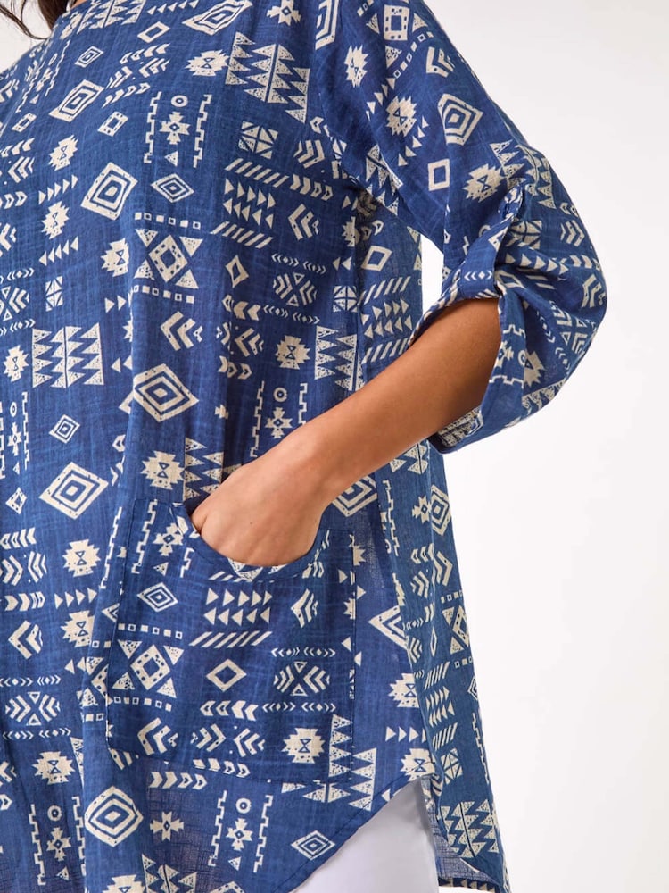 Roman Blue Longline Print Tunic 100% Cotton Top - Image 5 of 5