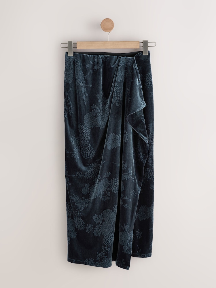 Navy Embossed Velvet Draped Midi Skirt - Image 1 of 3