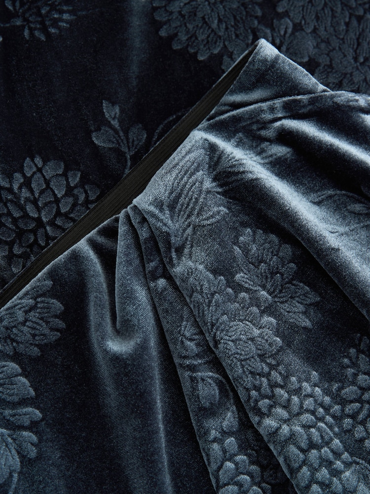 Navy Embossed Velvet Draped Midi Skirt - Image 2 of 3 Navy Embossed Velvet Draped Midi Skirt - Image 2 of 3