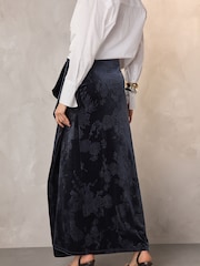Navy Embossed Velvet Draped Midi Skirt - Image 4 of 8
