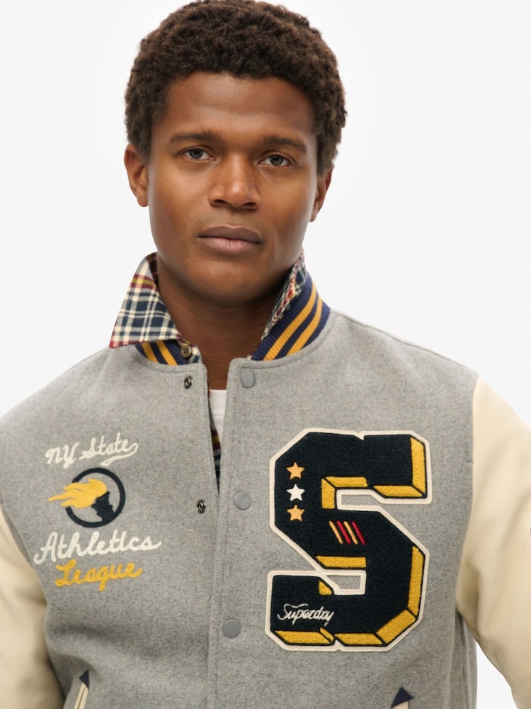 Superdry Grey College Patched Bomber Jacket - Image 3 of 6