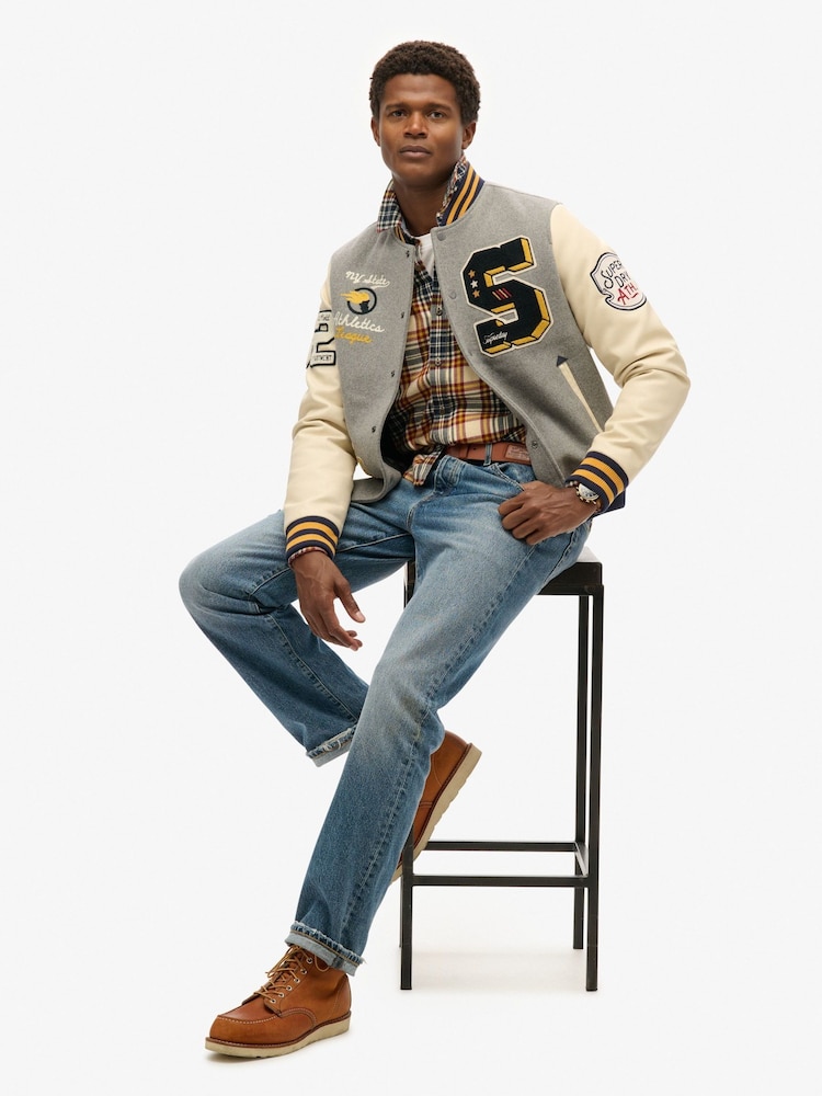 Superdry Grey College Patched Bomber Jacket - Image 4 of 6