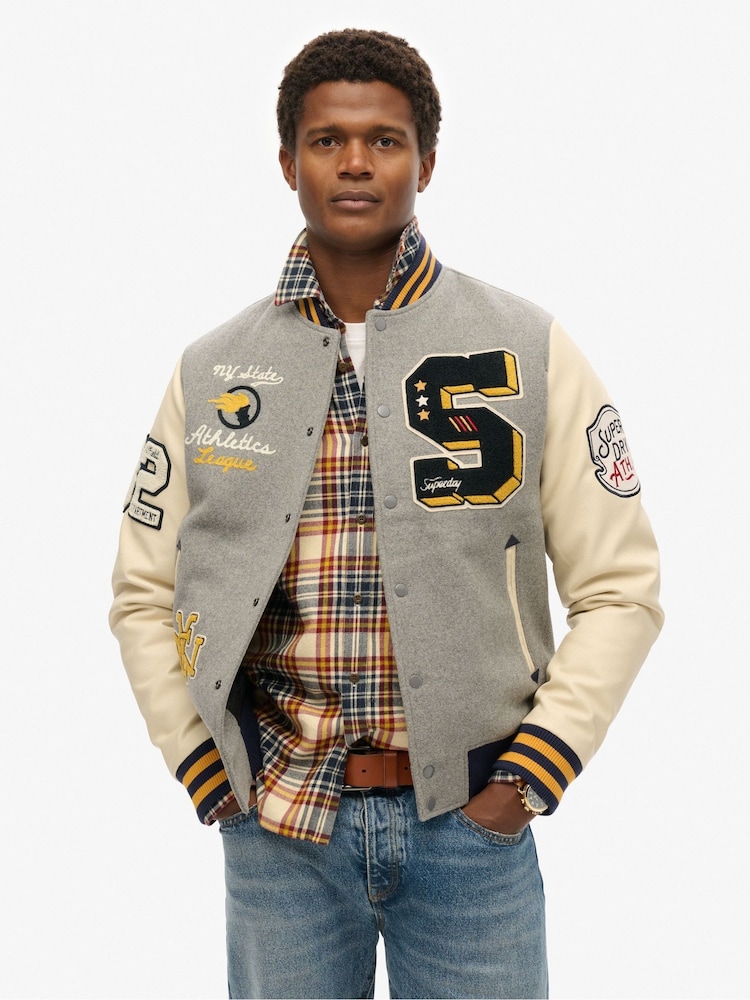 Superdry Grey College Patched Bomber Jacket - Image 5 of 6