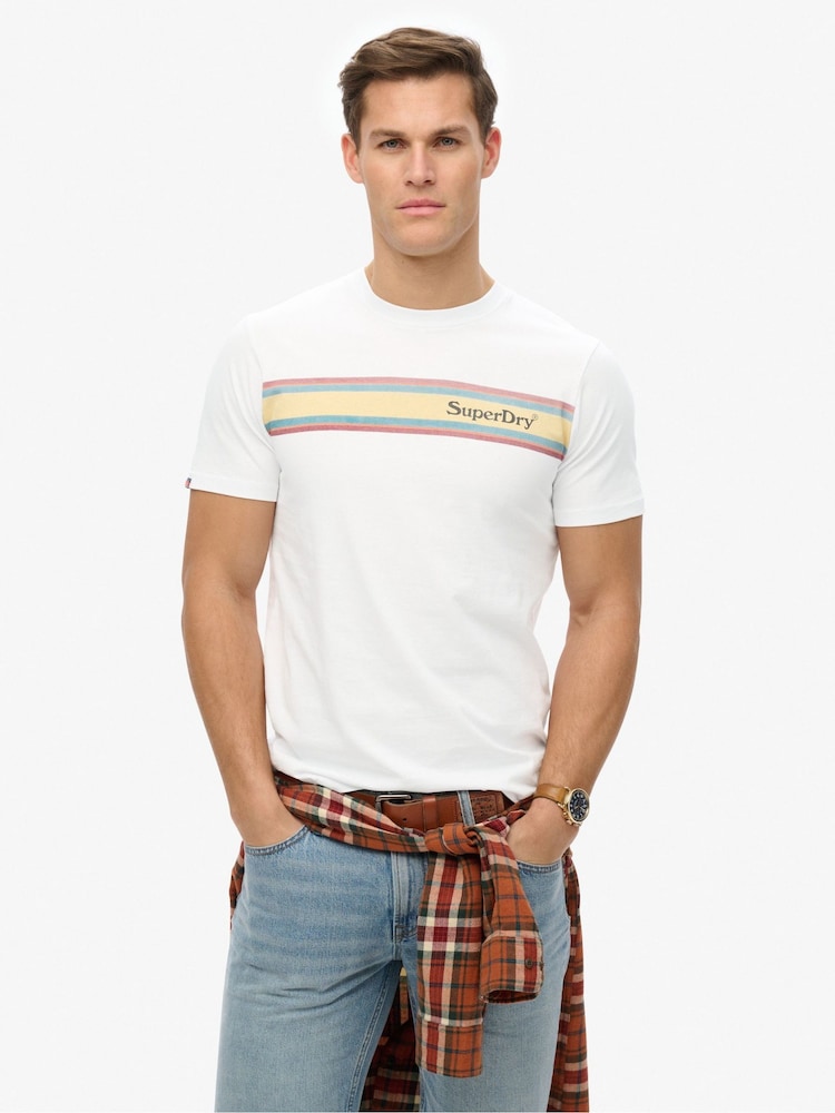 Superdry White Venue Logo Stripe Relaxed 100% Cotton T-Shirt - Image 1 of 5