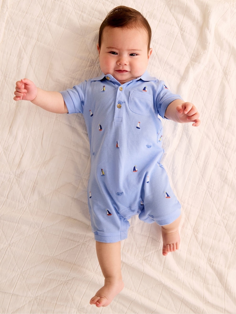 Purebaby Blue 100% Cotton Emboided Polo Romper - Image 1 of 5