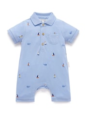 Purebaby Blue 100% Cotton Emboided Polo Romper - Image 2 of 5