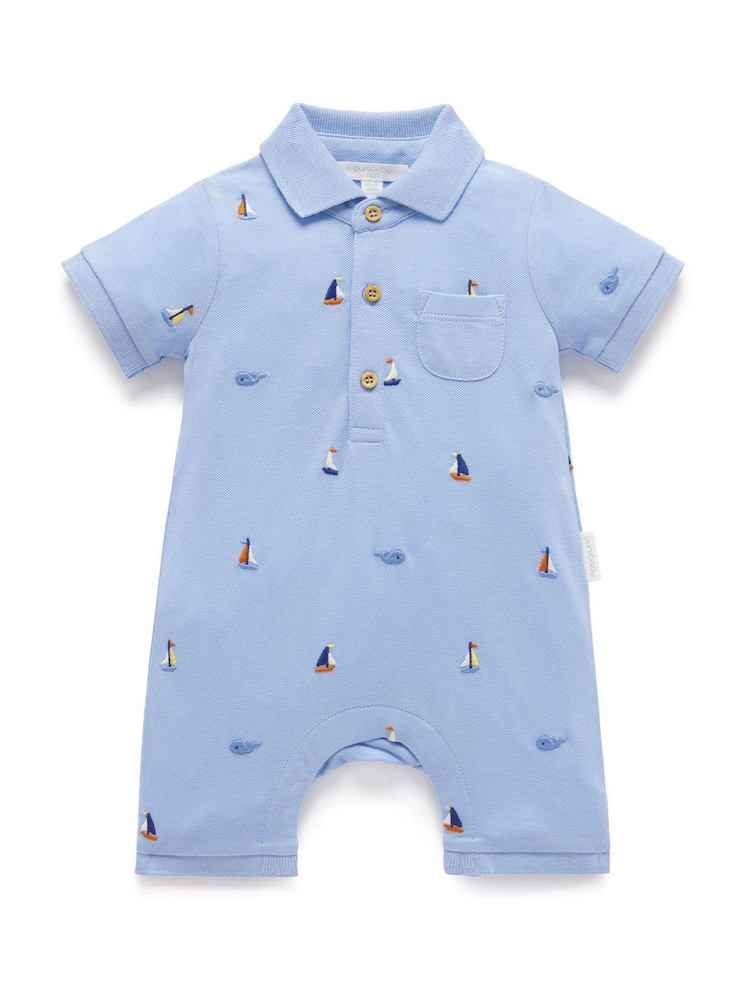 Purebaby Blue 100% Cotton Emboided Polo Romper - Image 2 of 5