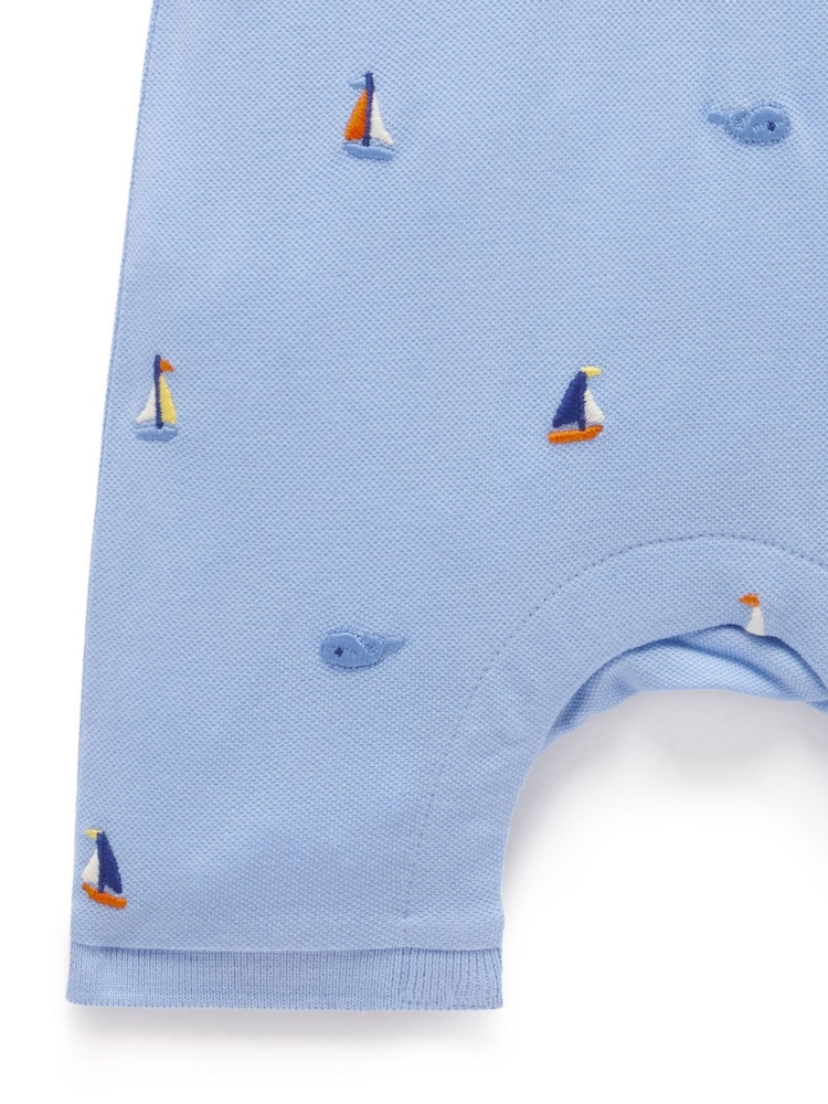Purebaby Blue 100% Cotton Emboided Polo Romper - Image 5 of 5