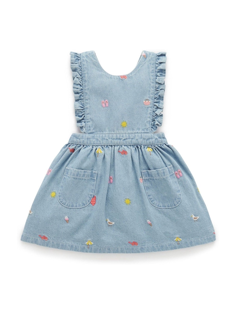 Purebaby Blue 100% Cotton Embroidered Pinafore Dress - Image 1 of 5